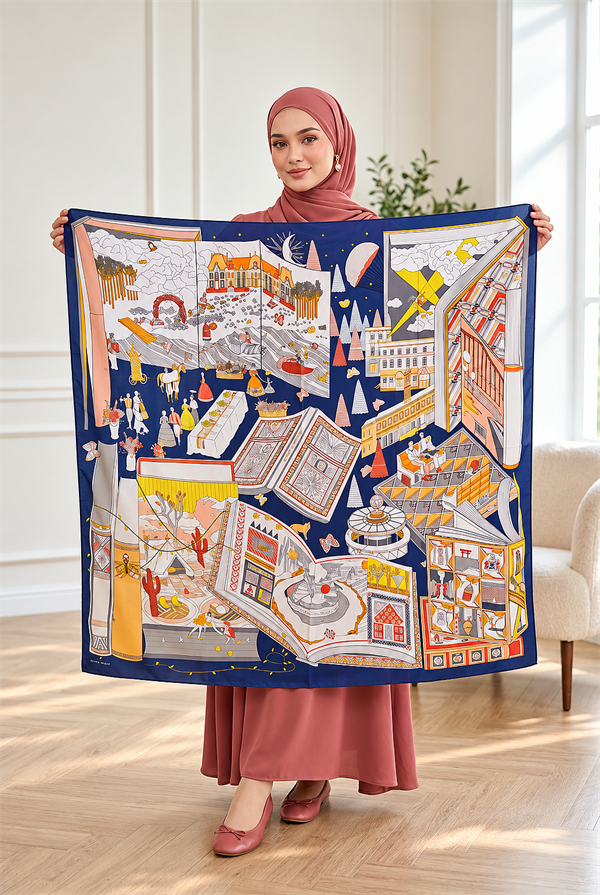 Elite Patterned Shoulder Shawl - Scarf Series Navy Blue