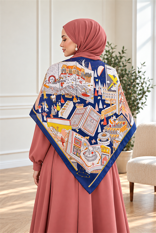Elite Patterned Shoulder Shawl - Scarf Series Navy Blue