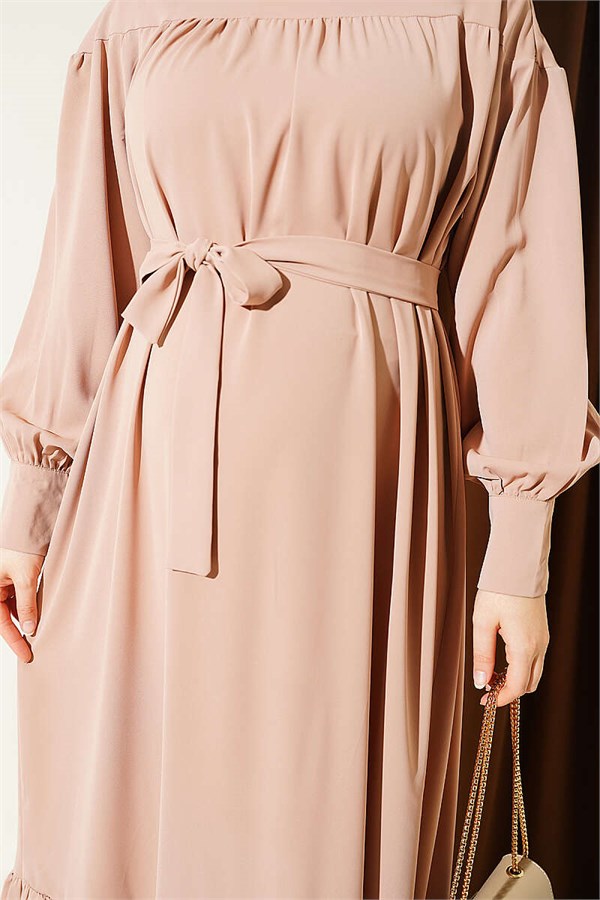 Beige Medina Dress with Gathered Skirt