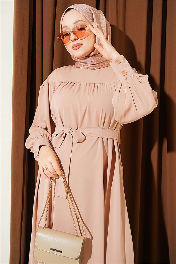 Beige Medina Dress with Gathered Skirt