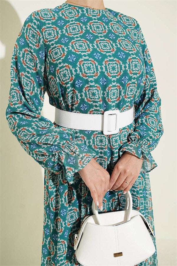 Relaxed Fit Chiffon Dress with Gathered Skirt, Green