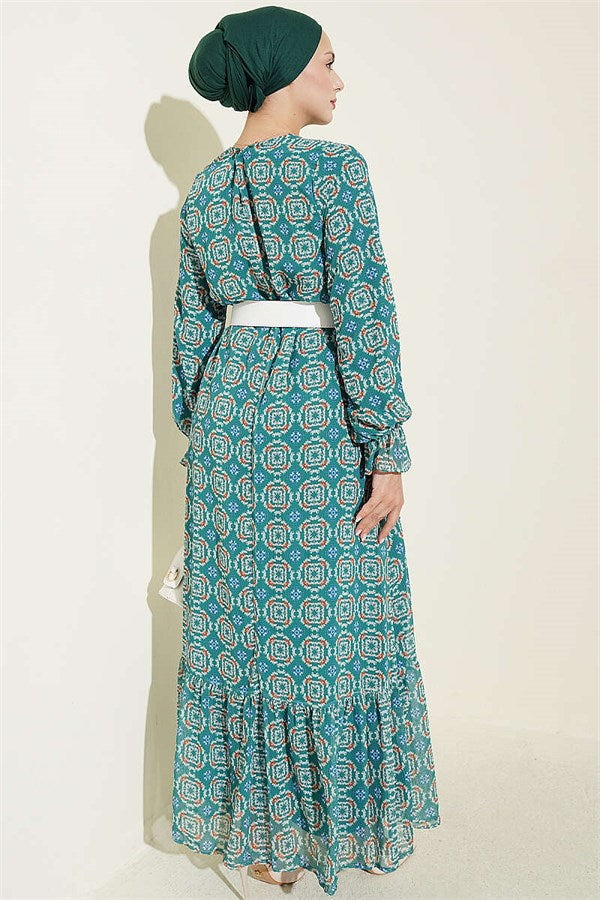 Relaxed Fit Chiffon Dress with Gathered Skirt, Green