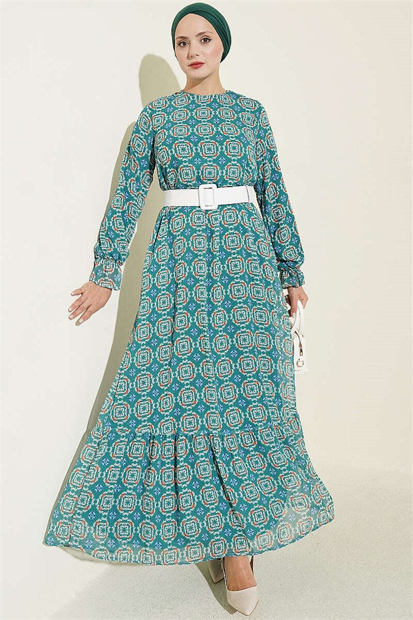 Relaxed Fit Chiffon Dress with Gathered Skirt, Green