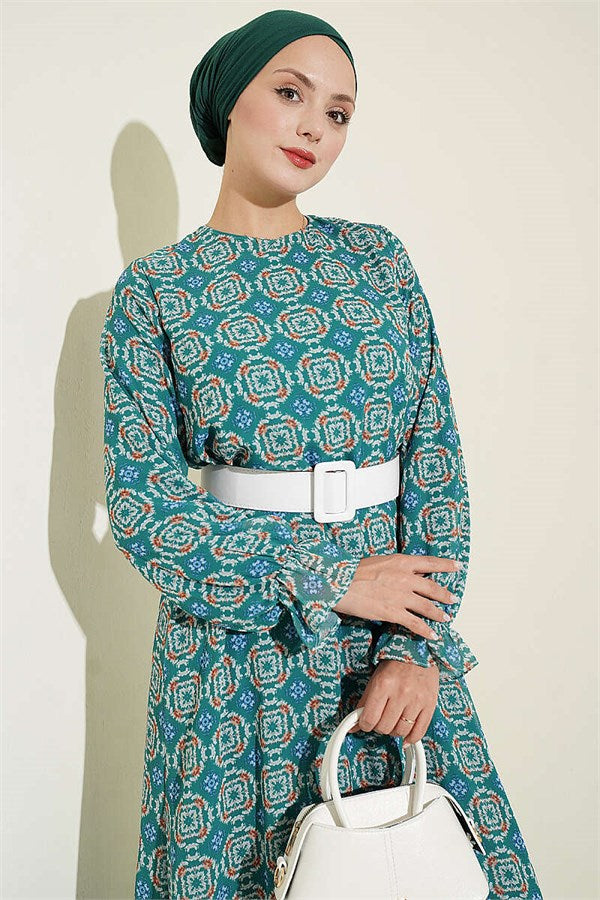 Relaxed Fit Chiffon Dress with Gathered Skirt, Green