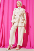 2 Piece Set with Ruffled Skirt and Rope Belt, Beige