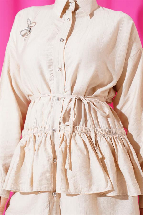 2 Piece Set with Ruffled Skirt and Rope Belt, Beige