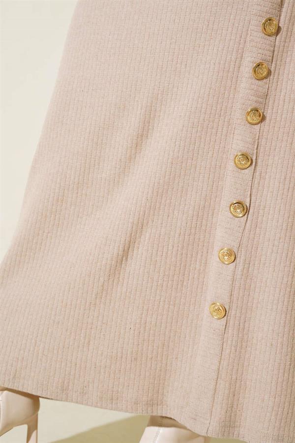 Buttoned Ribbed Dress Beige