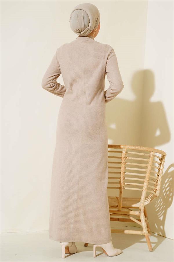 Buttoned Ribbed Dress Beige