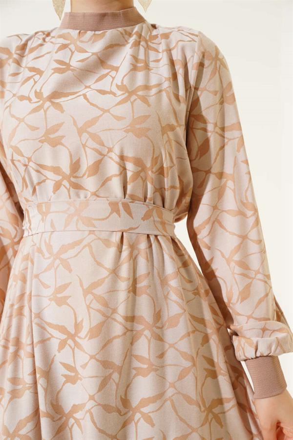 Pleated Skirt and Pleated Sleeve Pattern Dress in Beige