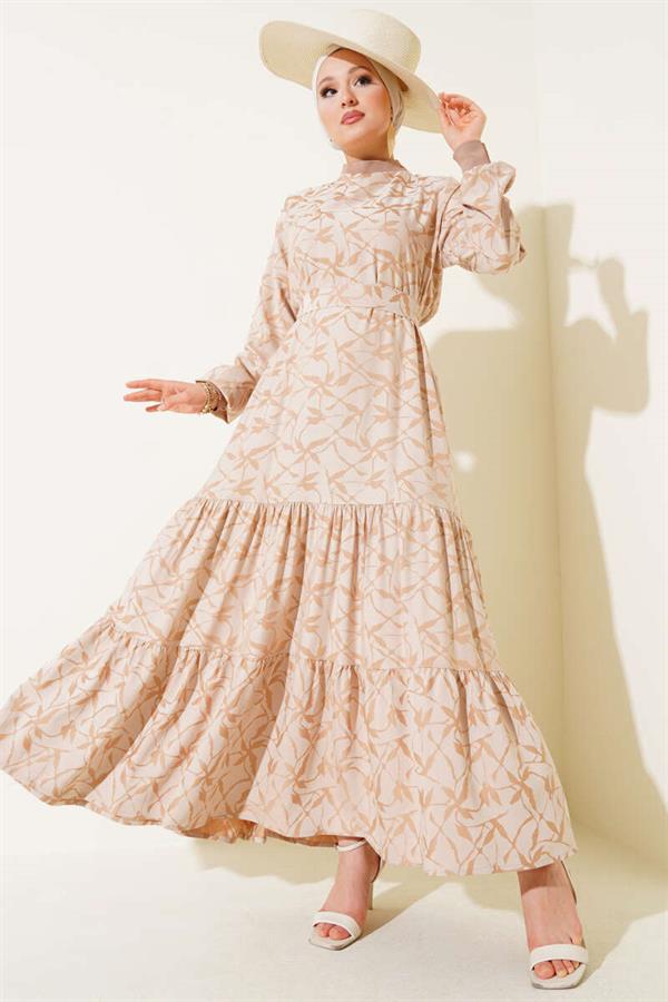 Pleated Skirt and Pleated Sleeve Pattern Dress in Beige
