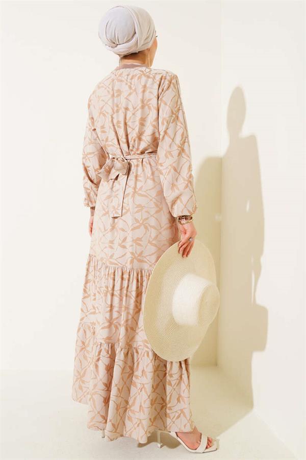 Pleated Skirt and Pleated Sleeve Pattern Dress in Beige