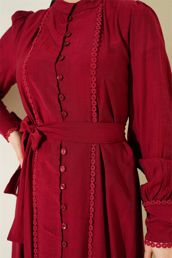 Burgundy Dress with Pleated Skirt and Belt
