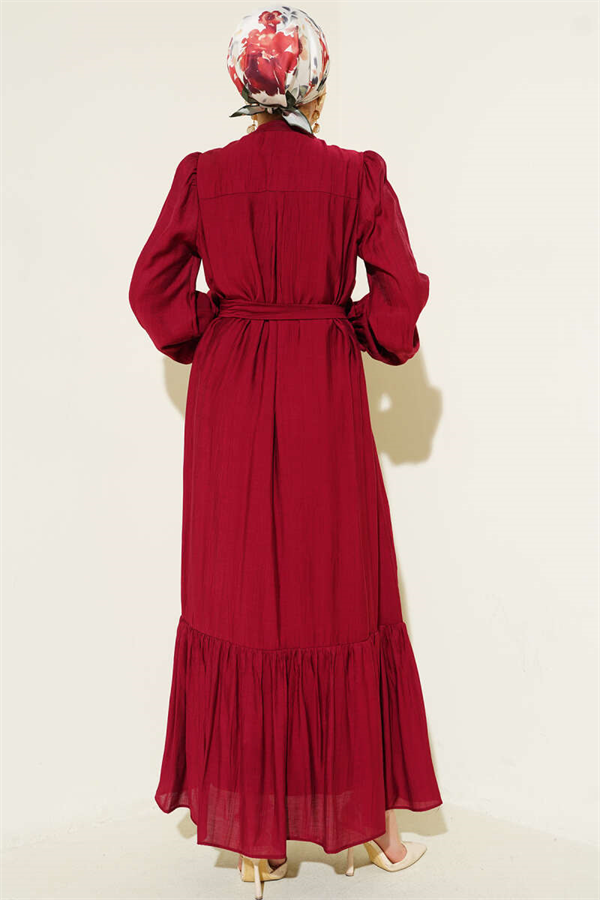 Burgundy Dress with Pleated Skirt and Belt
