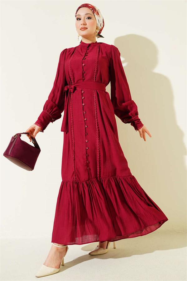 Burgundy Dress with Pleated Skirt and Belt