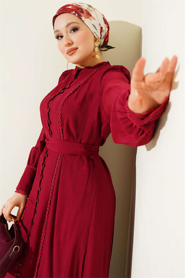 Burgundy Dress with Pleated Skirt and Belt