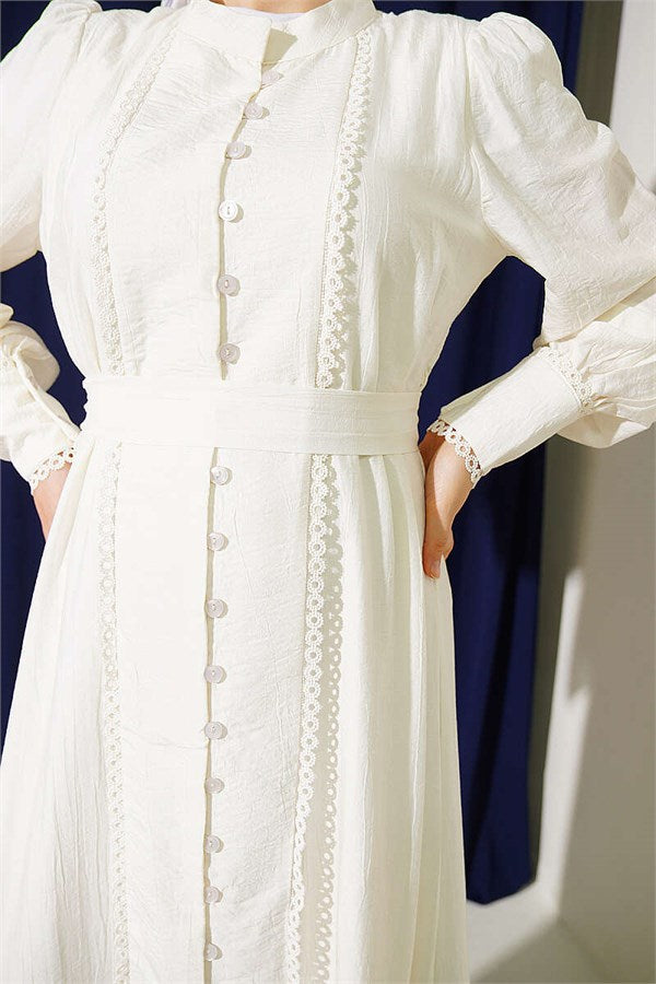 Ecru Pleated Belted Skirt Dress
