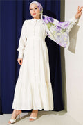 Ecru Pleated Belted Skirt Dress