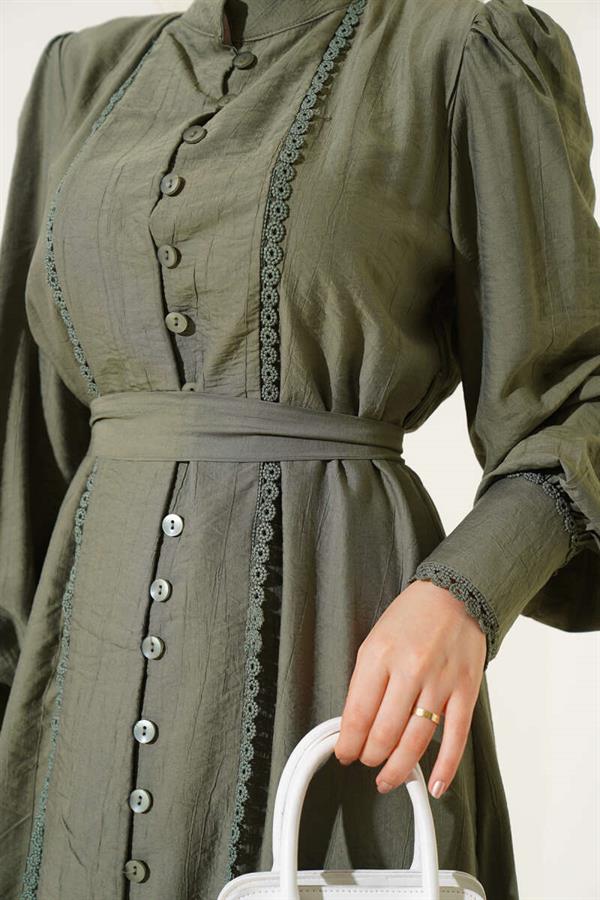 Pleated Belted Skirt Khaki Dress