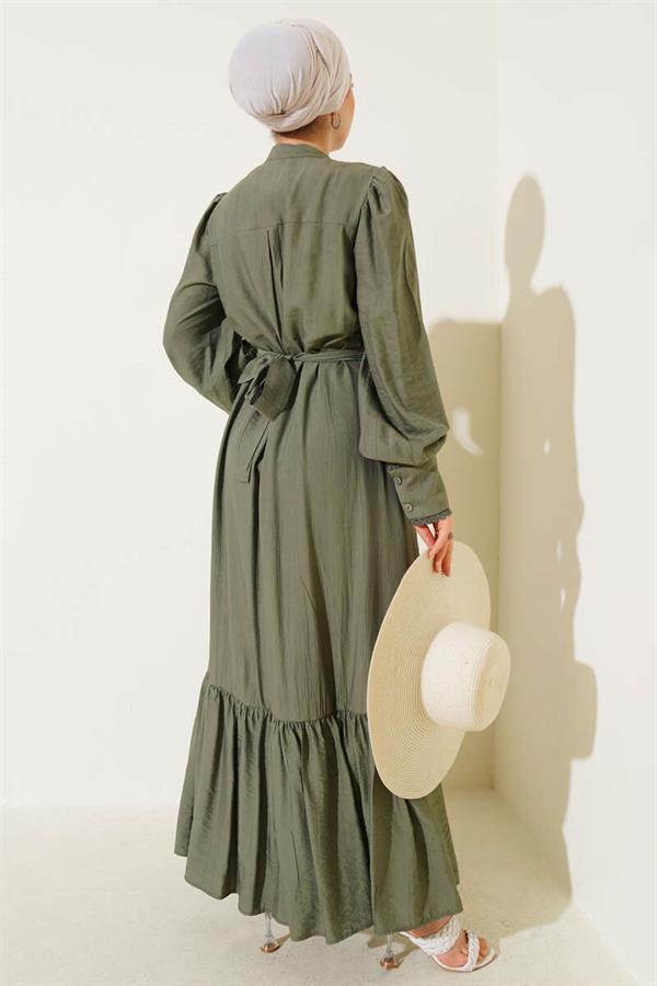 Pleated Belted Skirt Khaki Dress
