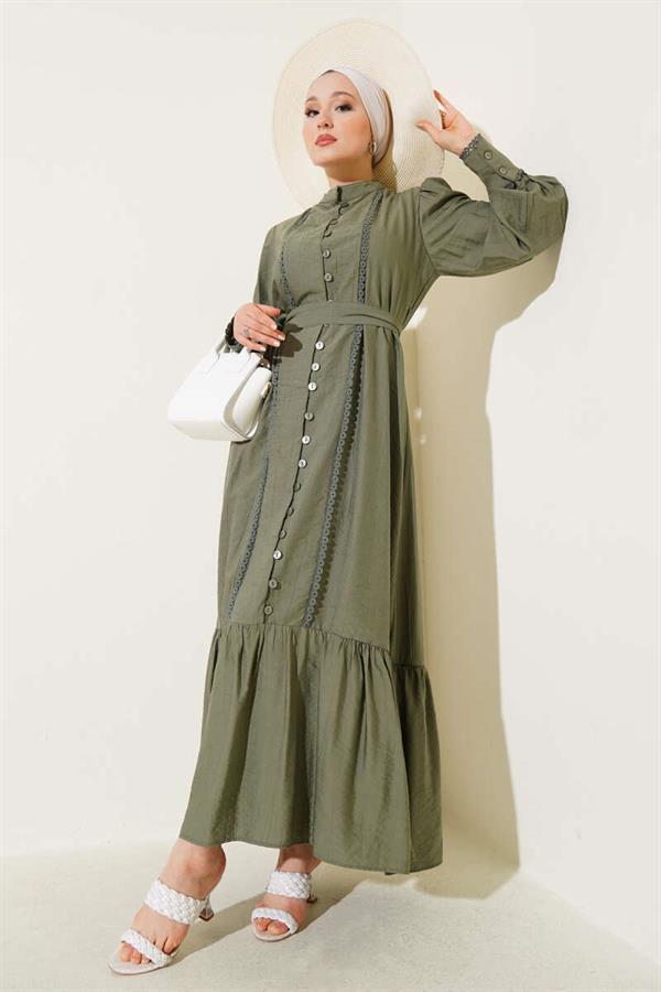 Pleated Belted Skirt Khaki Dress