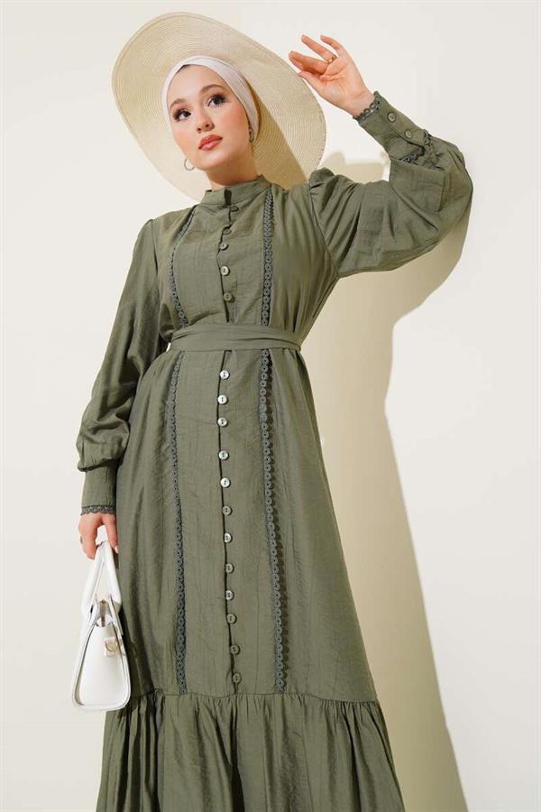 Pleated Belted Skirt Khaki Dress