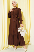 Pleated Belted Dress in Coffee Brown