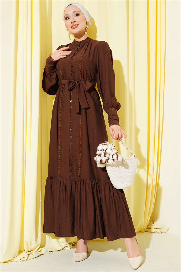 Pleated Belted Dress in Coffee Brown
