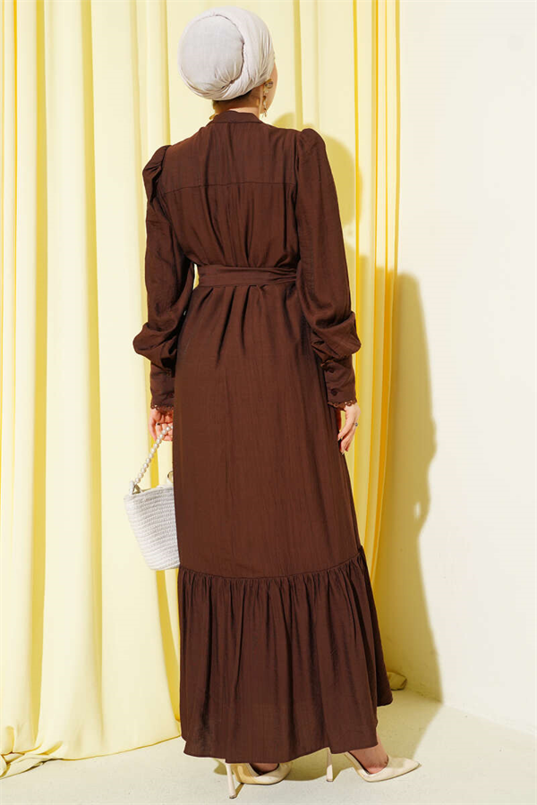 Pleated Belted Dress in Coffee Brown
