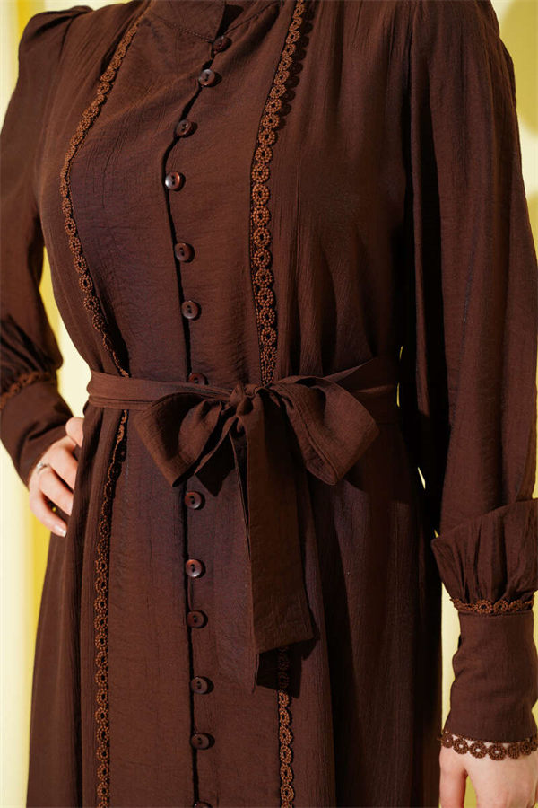 Pleated Belted Dress in Coffee Brown
