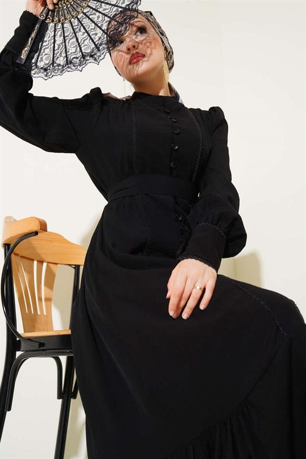 Pleated Belted Dress with Skirt Black