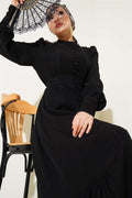 Pleated Belted Dress with Skirt Black