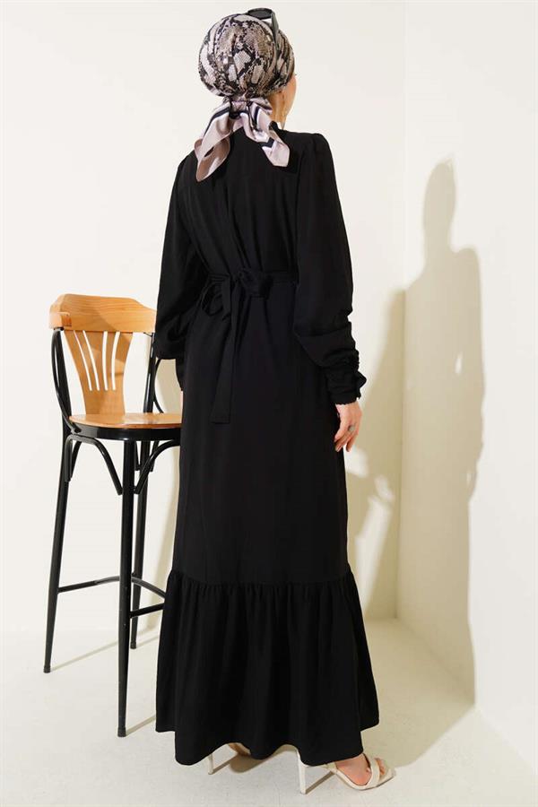 Pleated Belted Dress with Skirt Black