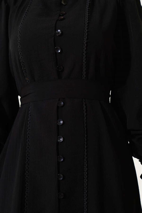 Pleated Belted Dress with Skirt Black