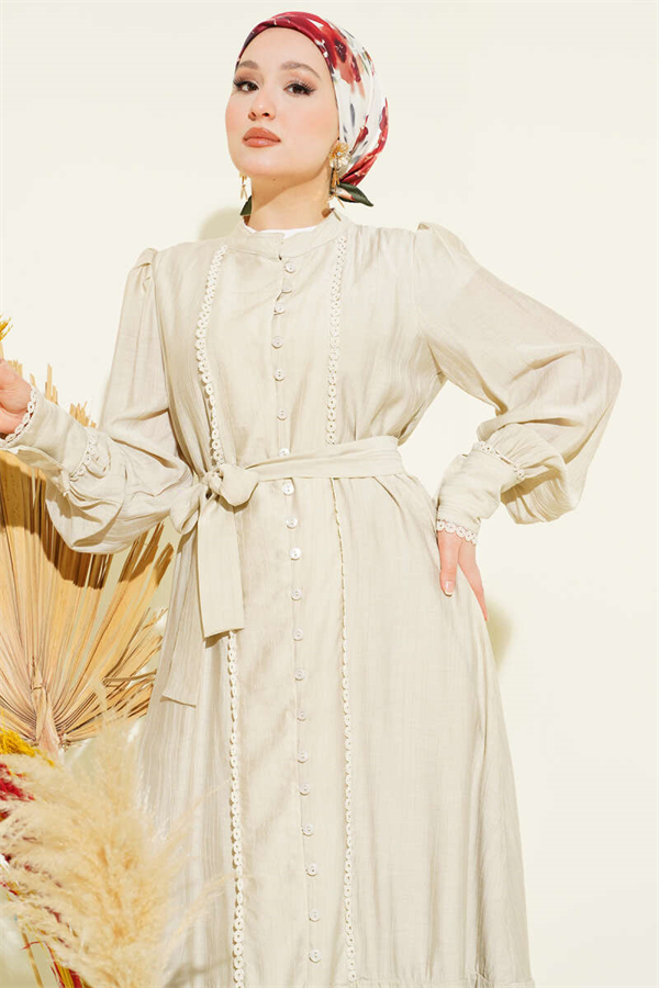 Pleated Belted Skirt Dress in Stone