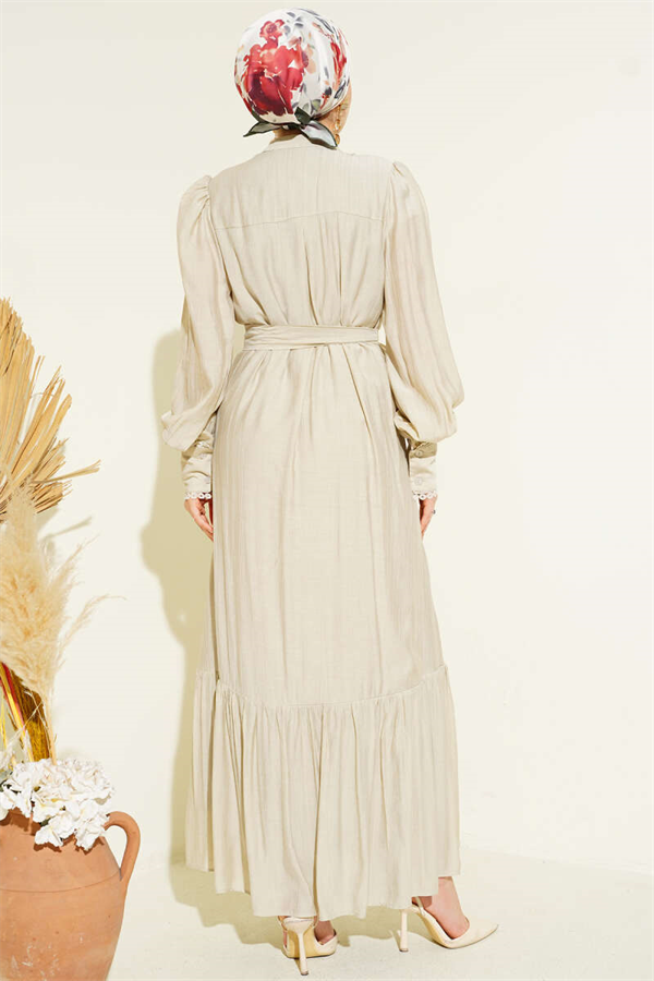 Pleated Belted Skirt Dress in Stone