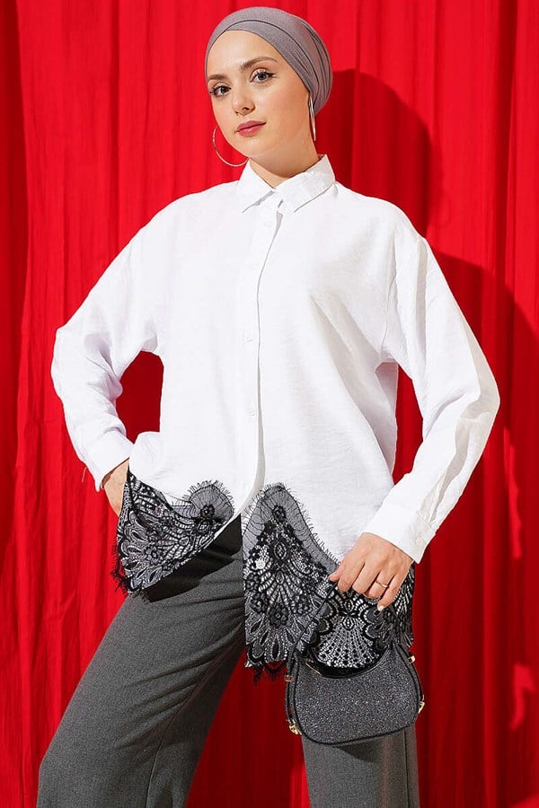 White Shirt with Lace Detail at Hem