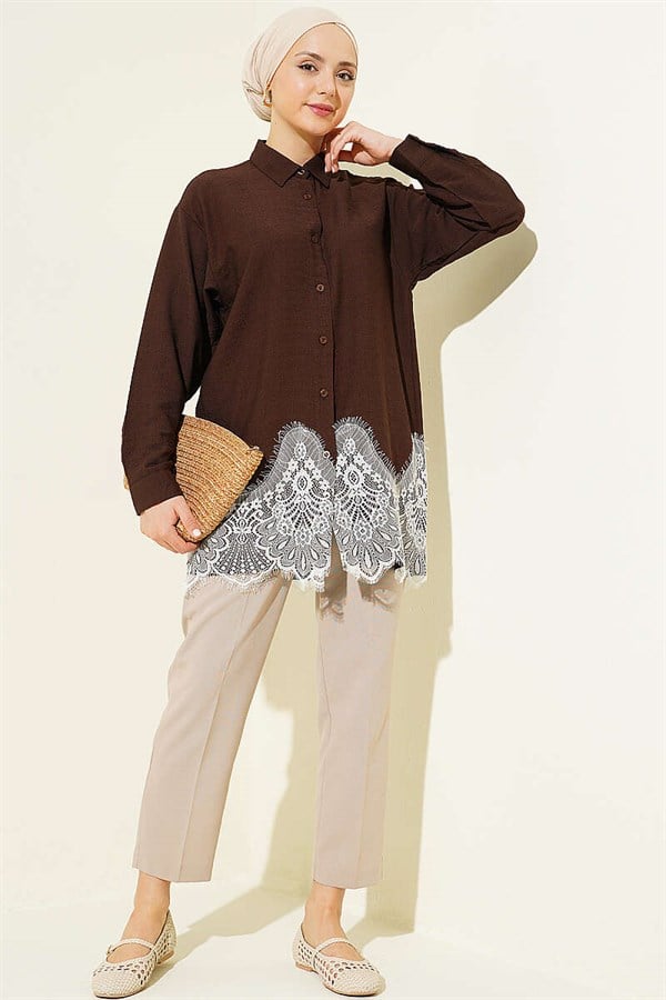 Shirt with Lace Hem, Coffee