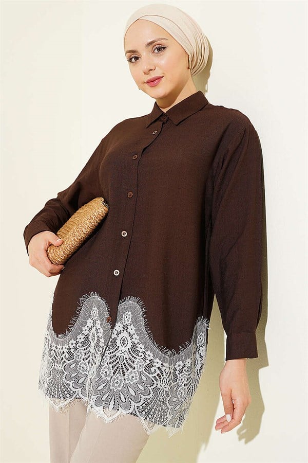 Shirt with Lace Hem, Coffee