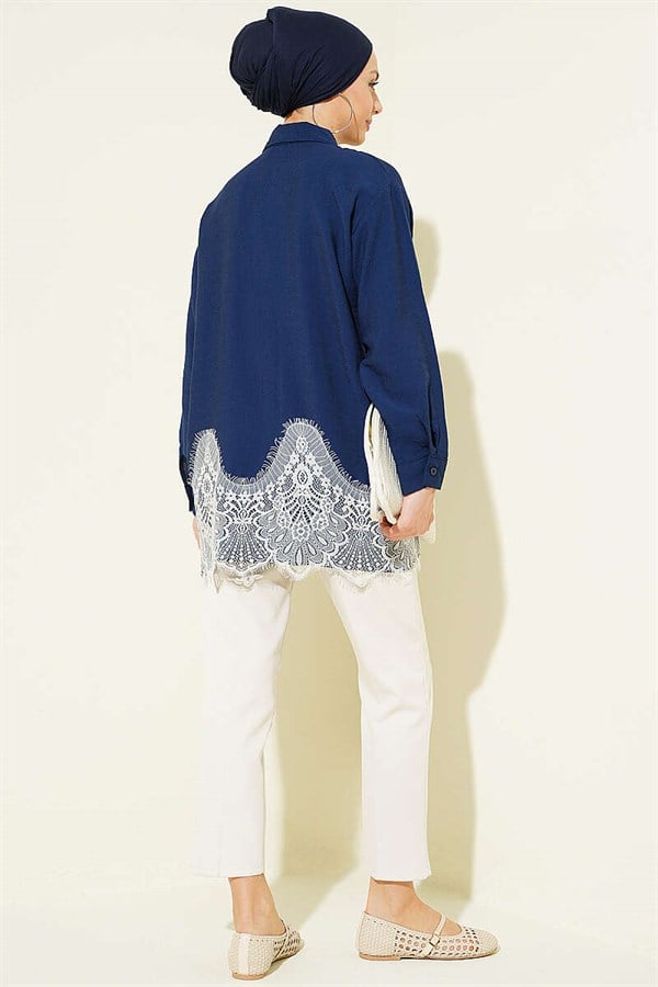 Navy Blue Shirt with Lace Hem Detail