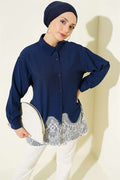 Navy Blue Shirt with Lace Hem Detail