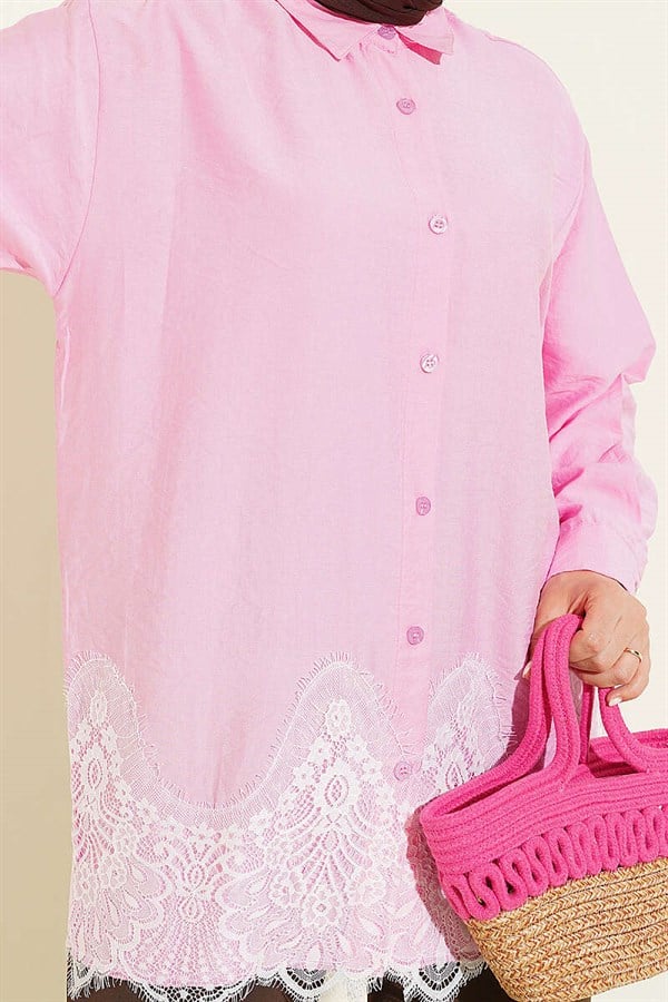Pink Shirt with Lace Hem Detail