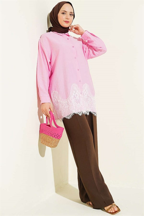 Pink Shirt with Lace Hem Detail