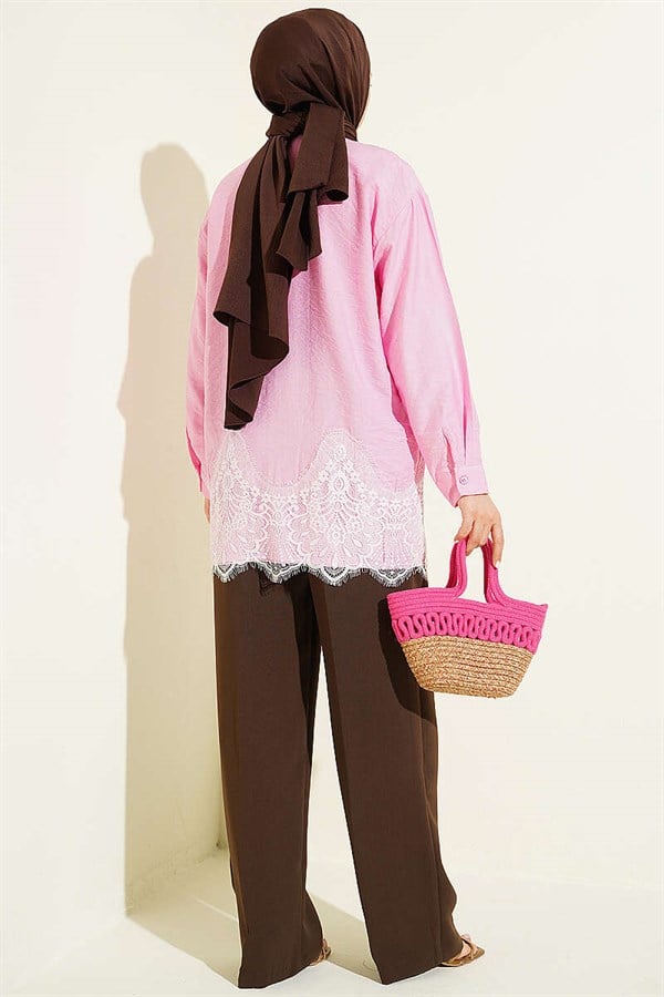 Pink Shirt with Lace Hem Detail