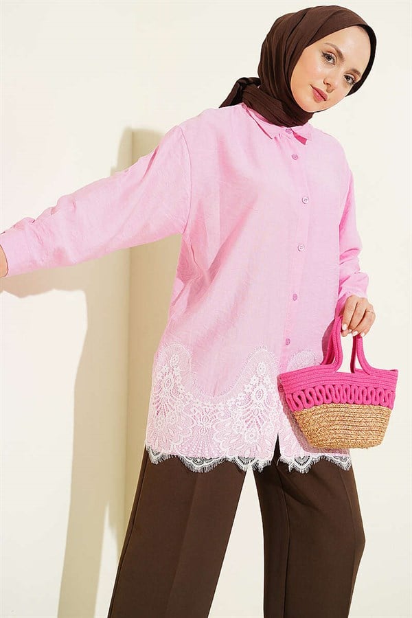 Pink Shirt with Lace Hem Detail