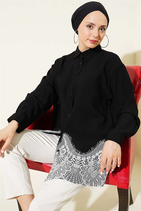 Shirt with Lace Hem, Black