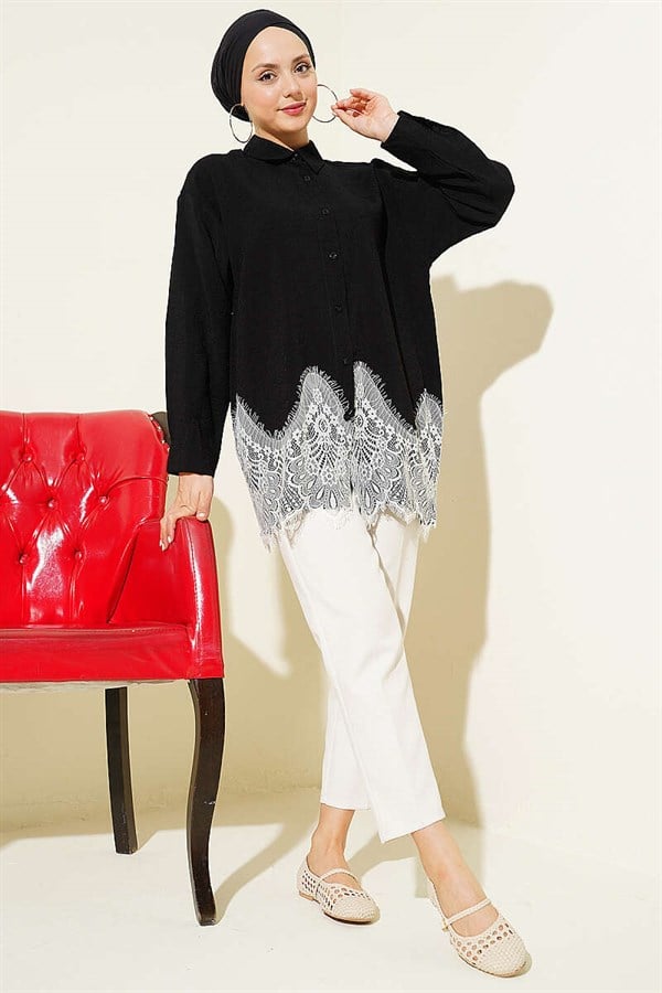 Shirt with Lace Hem, Black