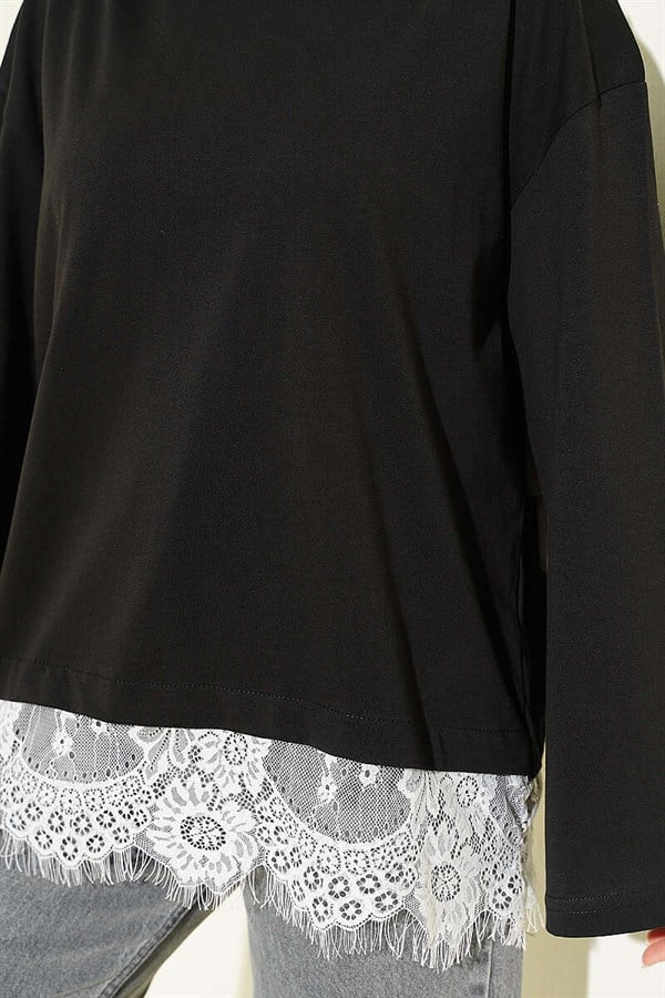 Basic Tunic with Lace Hem, Black