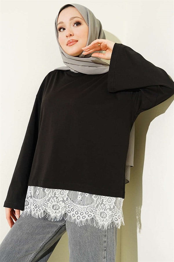 Basic Tunic with Lace Hem, Black