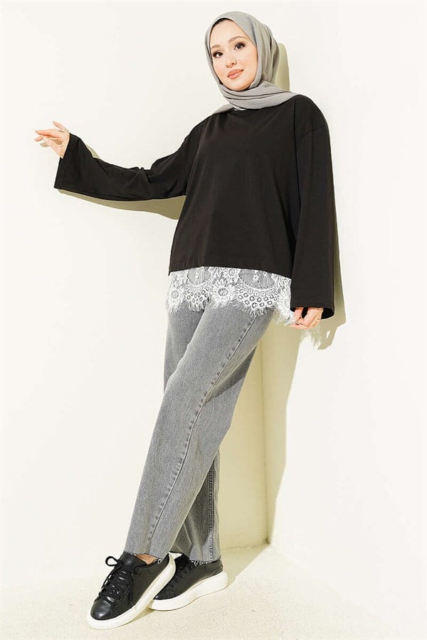 Basic Tunic with Lace Hem, Black