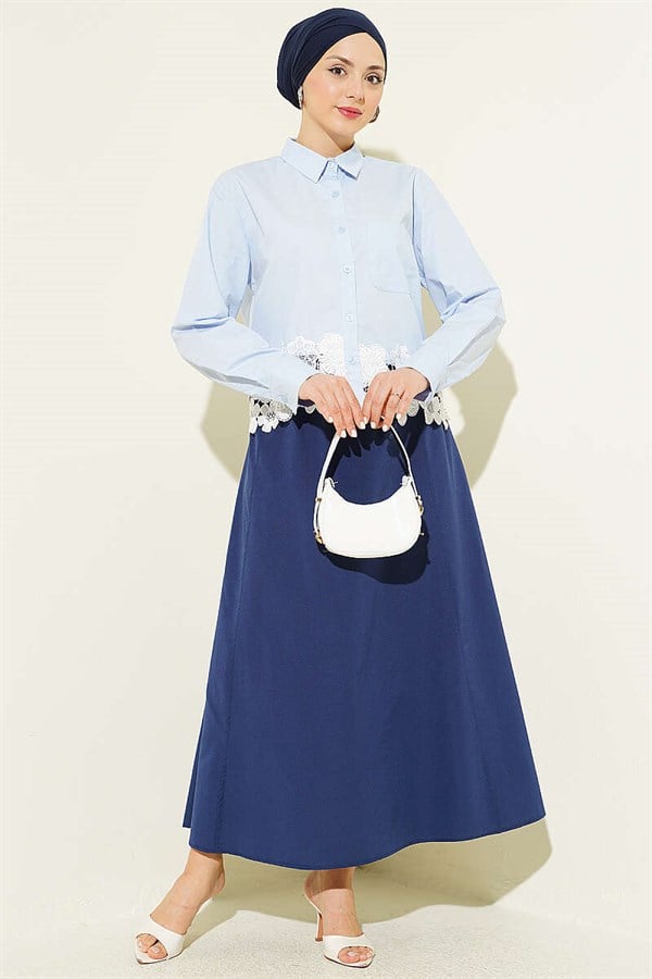 Short Shirt with Lace Hem, Ice Blue